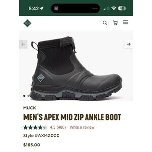 Men’s original MUCK BOOTS APEX MID ZIP ANKLE BOOT Black Size 11 NWT NO BOX  $165